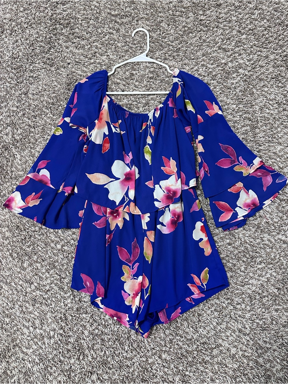 Peach Love California Royal Blue Floral Off-Shoulder Romper